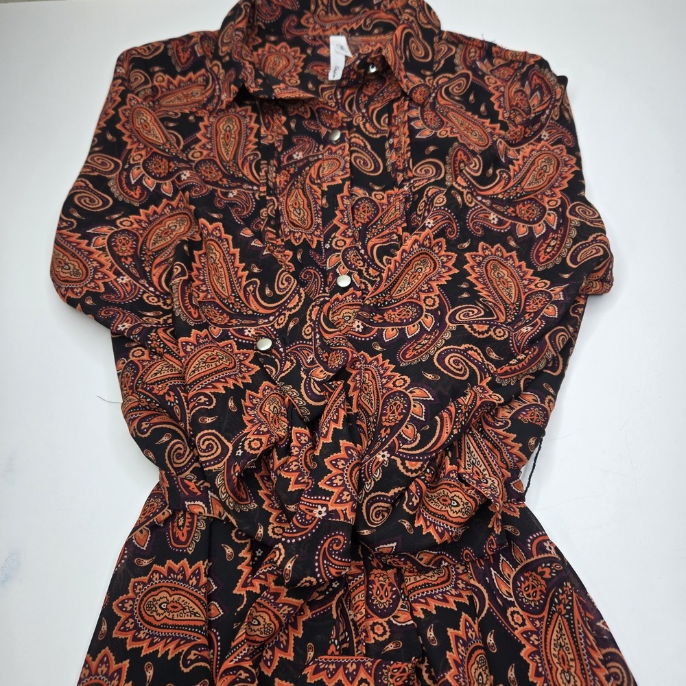 NY Collection Paisley Dress Size LARGE Brown Multicolor Collar Button Tie Wrap